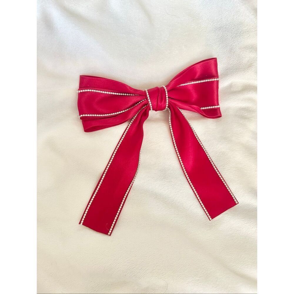 Christmas holiday red satin bow with rhinestone trim - with Barrett clip close - - Picture 2 of 4
